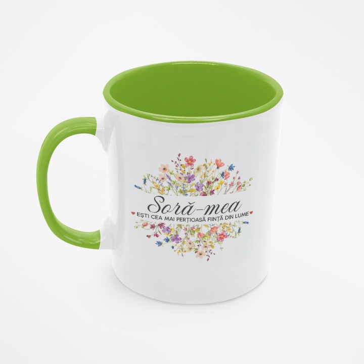 Cana alba personalizata, interior verde si maner verde, 350ml, Mesaj Cea Mai Pretioasa Fiinta Din Lume, Model Sora