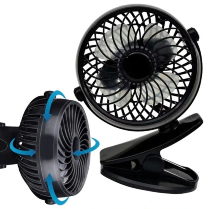 Ventilator portabil, mini, cu clips, rotire 360°, perfect pentru birou, plaja, picnic, terasa, balcon sau in corturi, 1200mAh, 18x16x10cm, negru