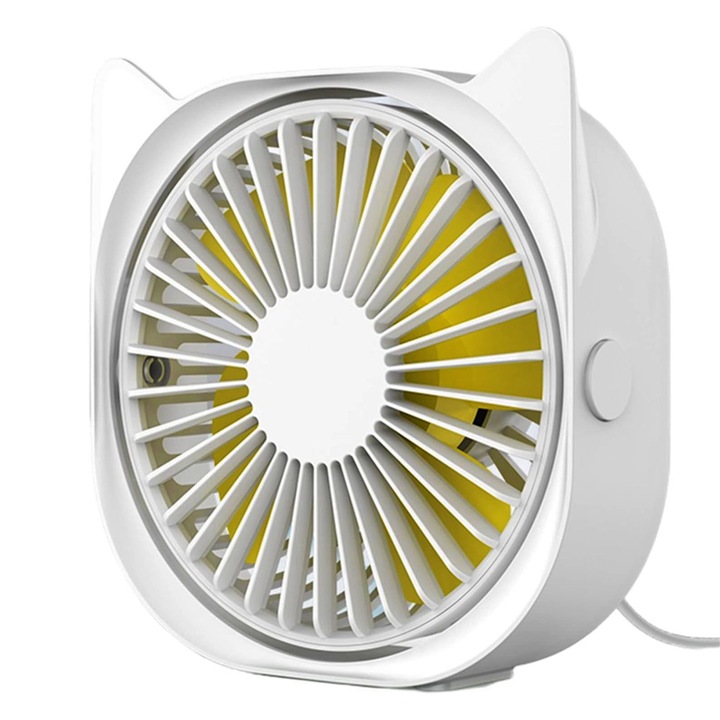 Ventilator Rotire 360° pentru Birou, OPTIM SOLUTION, 3 Trepte de Viteza, Racoare, Ultra Silentios, Portabil, pentru Vara, Zile Calduroase, de Interior, Design Urechi Pisica, Cooling Tech, Alimentare prin USB, 13.5 x 12.8, XTO, Alb