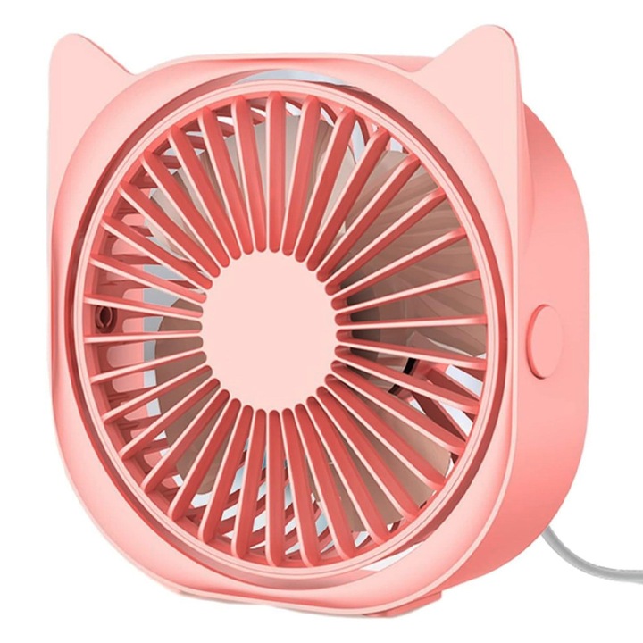 Ventilator Rotire 360° pentru Birou, OPTIM SOLUTION, 3 Trepte de Viteza, Racoare, Ultra Silentios, Portabil, pentru Vara, Zile Calduroase, de Interior, Design Urechi Pisica, Cooling Tech, Alimentare prin USB, 13.5 x 12.8, XTO, Roz