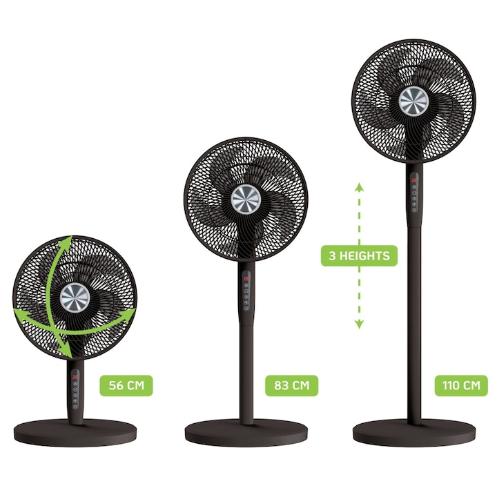 Ventilator de podea sau birou, reglabil 3 inaltimi, 12 trepte de viteza, 12", oscilatie 720 °, temporizator, telecomanda, Negru, Techly, IC-FAN-FLS2BK