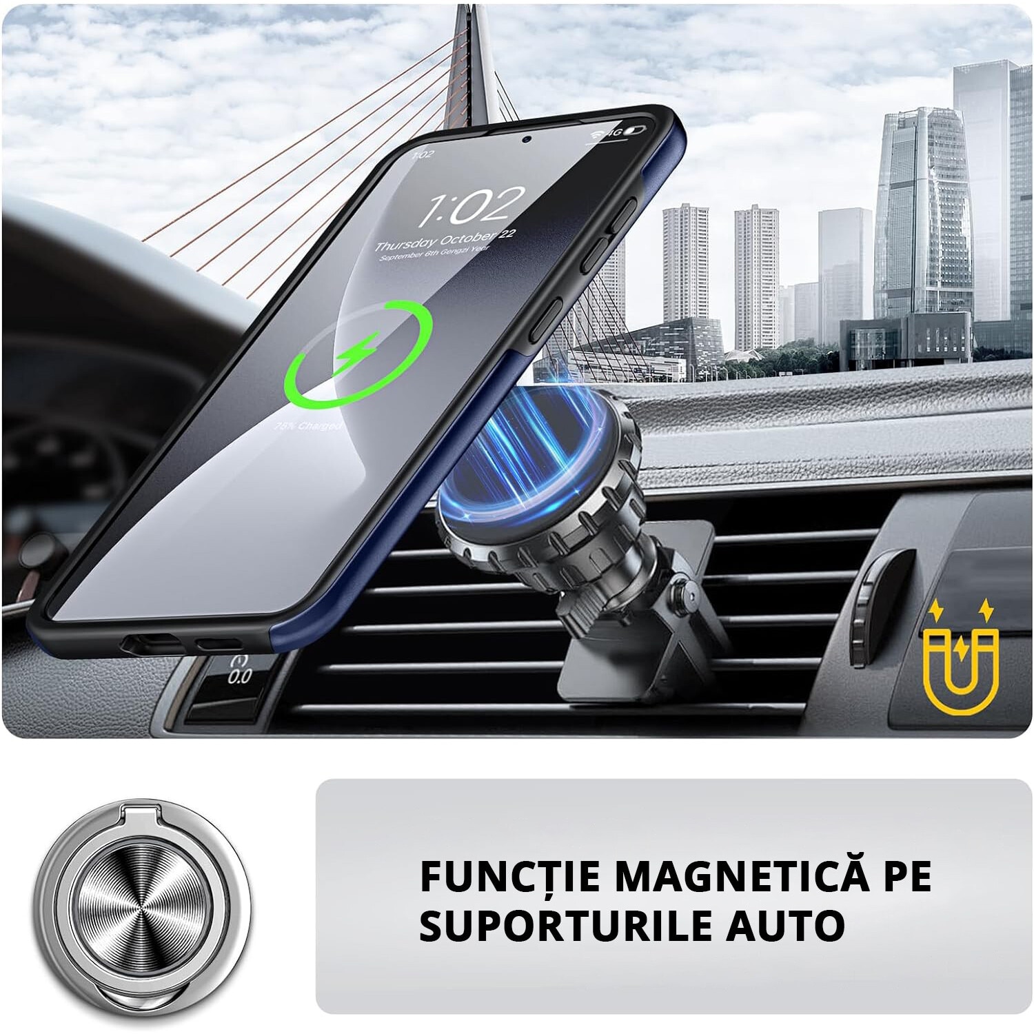 Husa pentru Samsung Galaxy S25 PLUS, inel rotativ si Kickstand 360°, Protectie Militara Antisoc, cu disipare termica, Blue