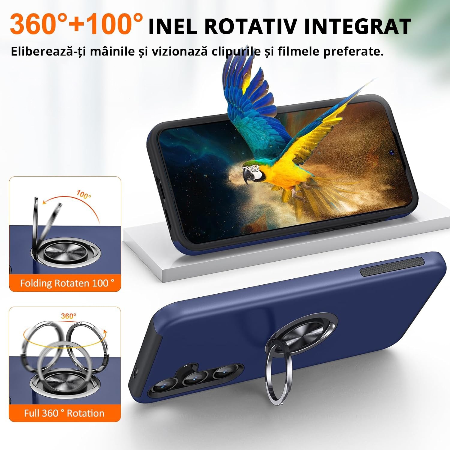 Husa pentru Samsung Galaxy S25 PLUS, inel rotativ si Kickstand 360°, Protectie Militara Antisoc, cu disipare termica, Blue
