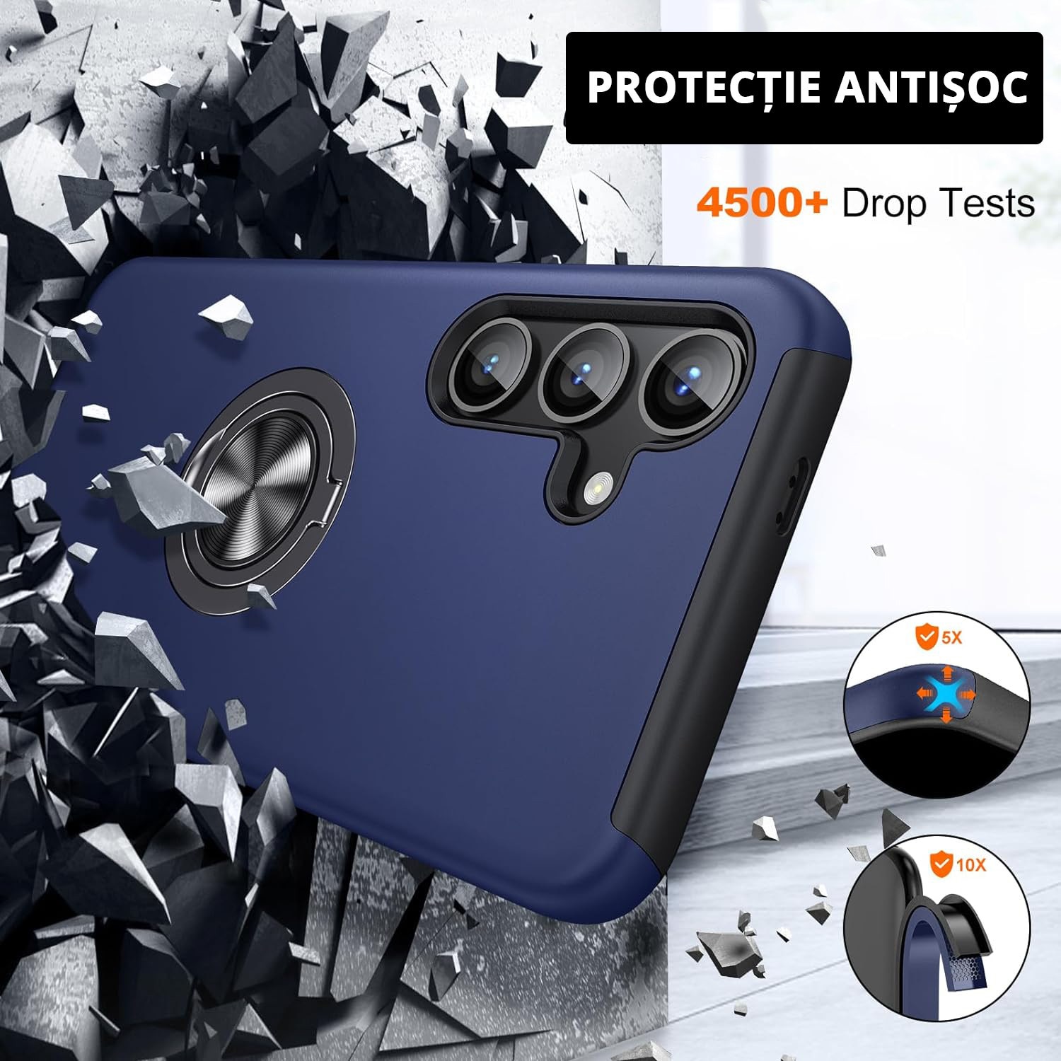 Husa pentru Samsung Galaxy S25 PLUS, inel rotativ si Kickstand 360°, Protectie Militara Antisoc, cu disipare termica, Blue