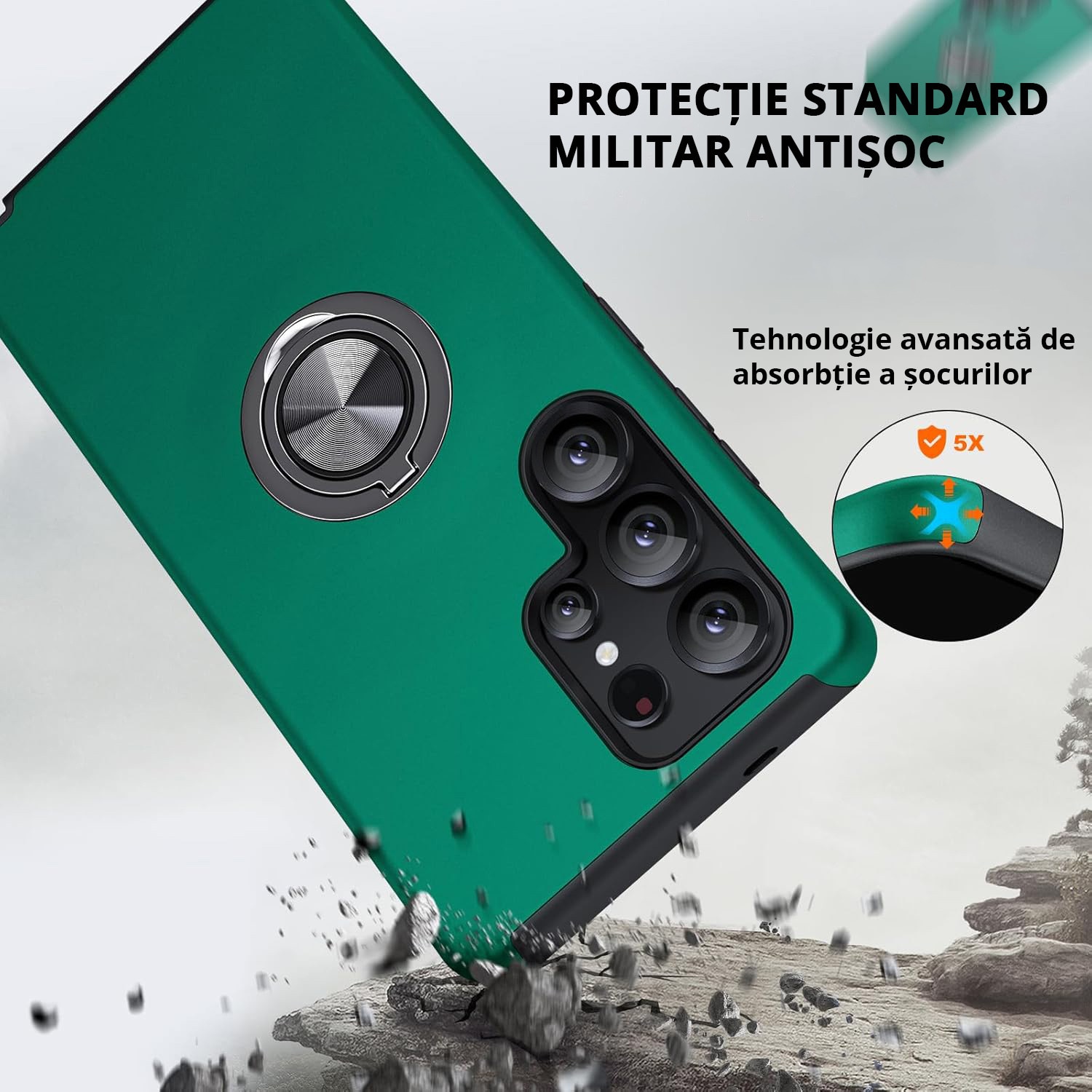 Husa pentru Samsung Galaxy S25 ULTRA, inel rotativ si Kickstand 360°, Protectie Militara Antisoc, cu disipare termica, Verde