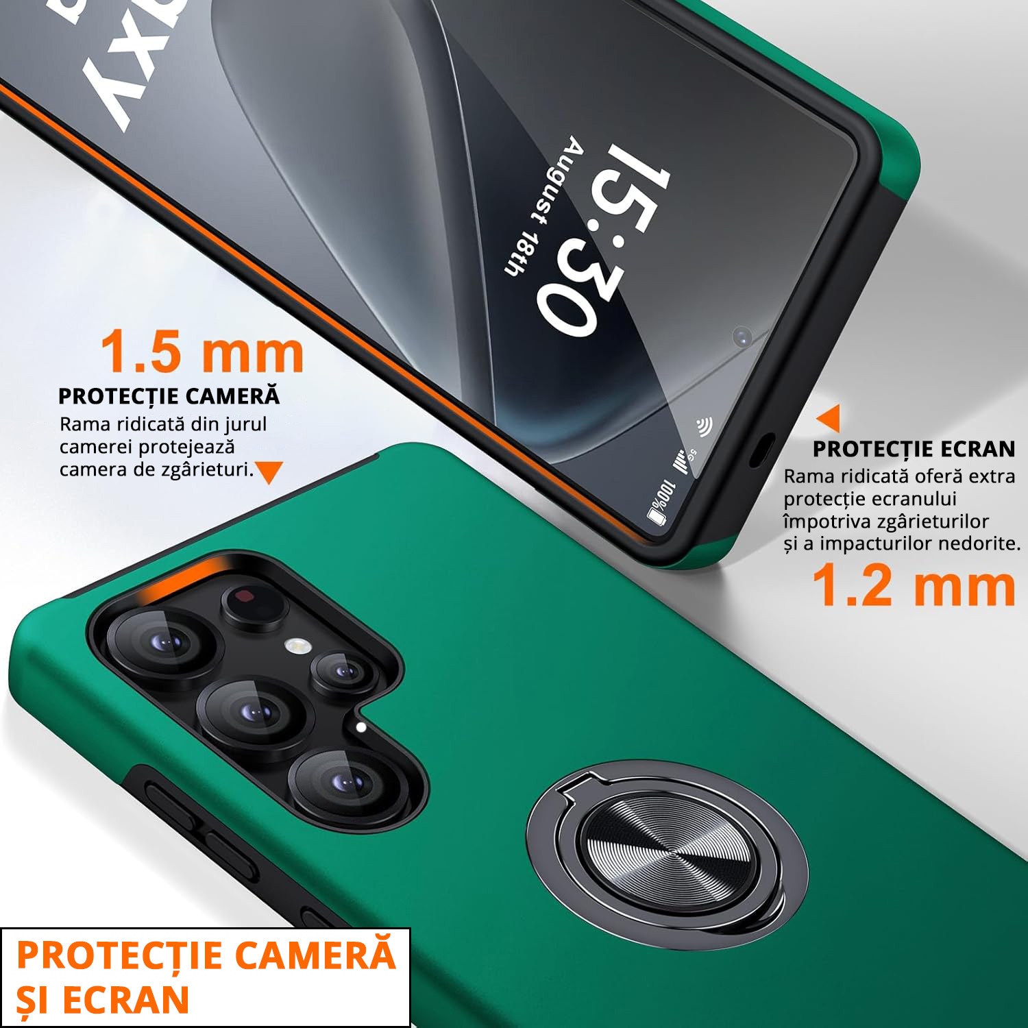 Husa pentru Samsung Galaxy S25 ULTRA, inel rotativ si Kickstand 360°, Protectie Militara Antisoc, cu disipare termica, Verde