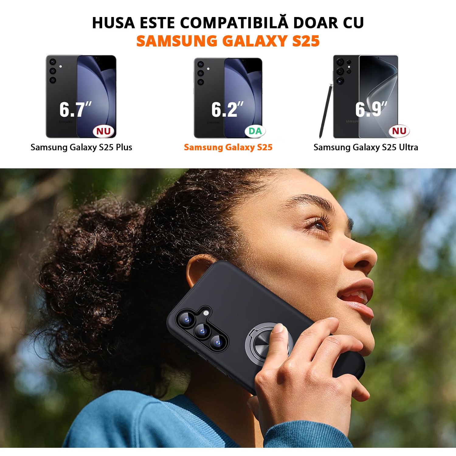 Husa pentru Samsung Galaxy S25, MobileSmart, Hibrid Antisoc, Inel Rotativ 360° Magnetic pentru Suport Auto, Negru