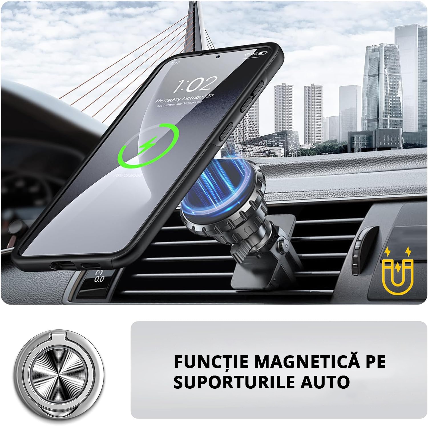 Husa pentru Samsung Galaxy S25, MobileSmart, Hibrid Antisoc, Inel Rotativ 360° Magnetic pentru Suport Auto, Negru
