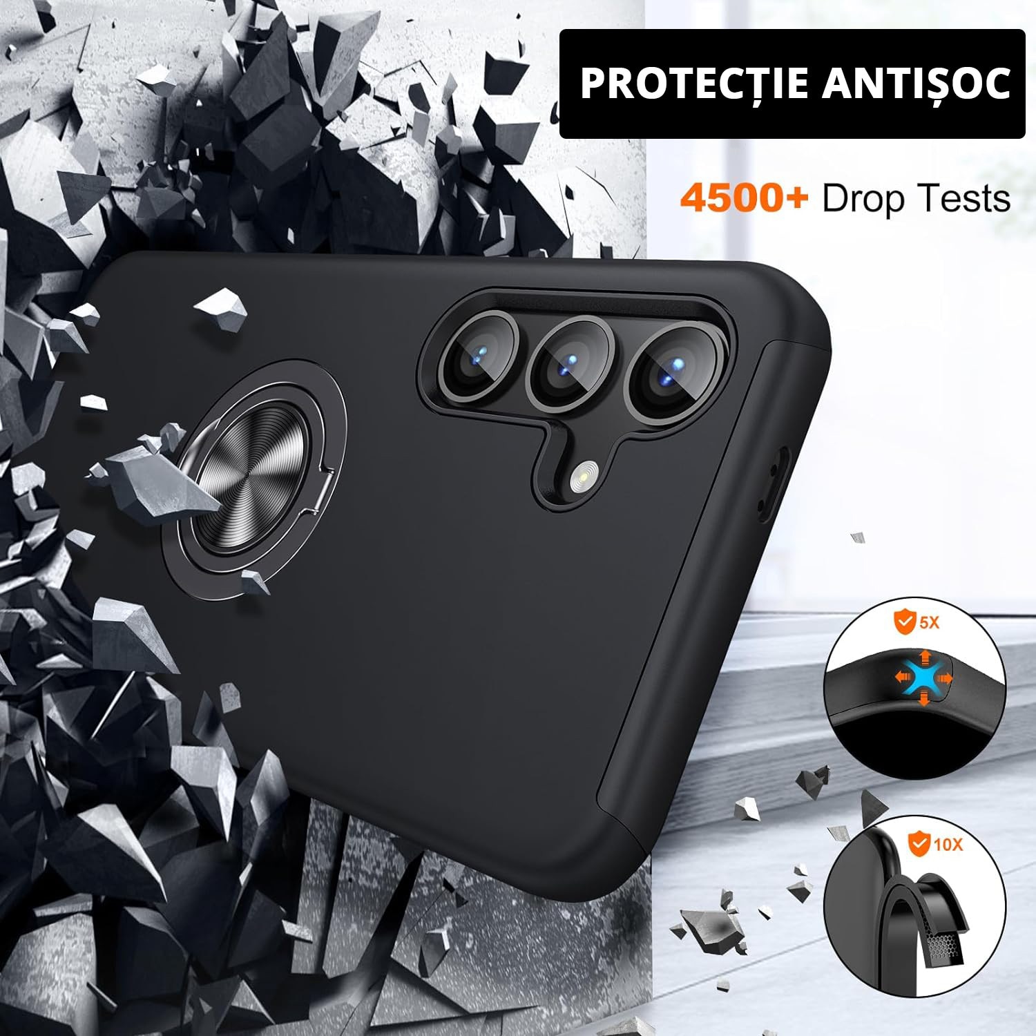 Husa pentru Samsung Galaxy S25, MobileSmart, Hibrid Antisoc, Inel Rotativ 360° Magnetic pentru Suport Auto, Negru