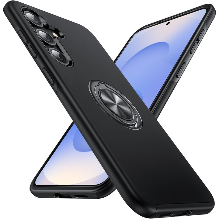 Капак за Samsung Galaxy S25, въртящ се пръстен и стойка 360°, Военна защита против удар, с разсейване на топлината, черен