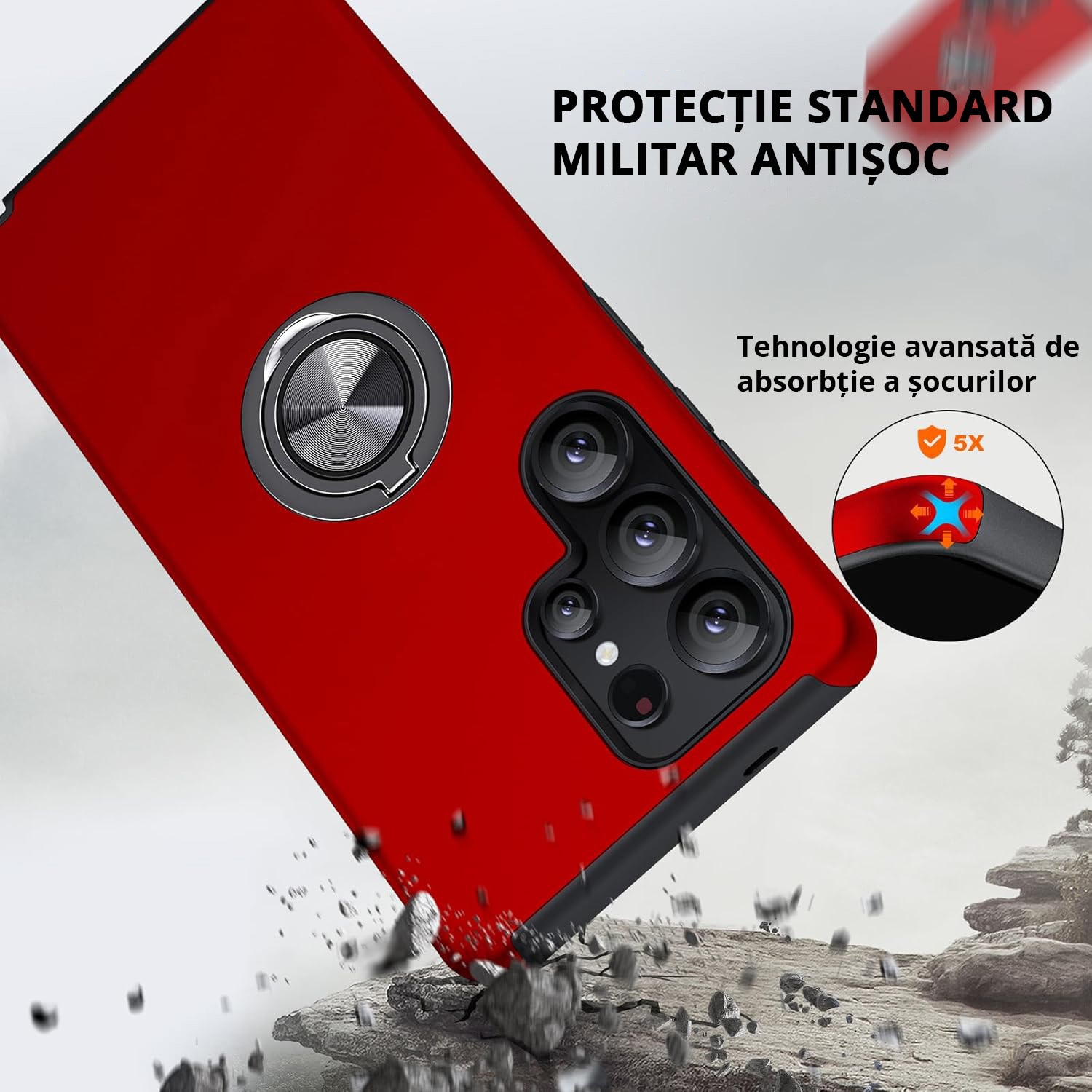 Husa pentru Samsung Galaxy S25 ULTRA, inel rotativ si Kickstand 360°, Protectie Militara Antisoc, cu disipare termica, Rosu
