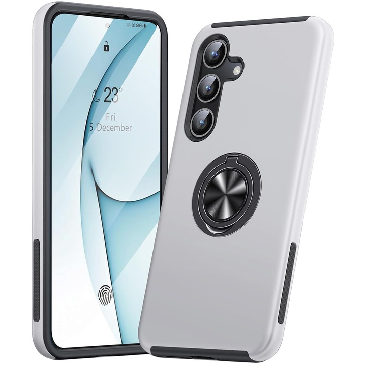 Husa pentru Samsung Galaxy S25, inel rotativ si Kickstand 360°, Protectie Militara Antisoc, cu disipare termica, Silver