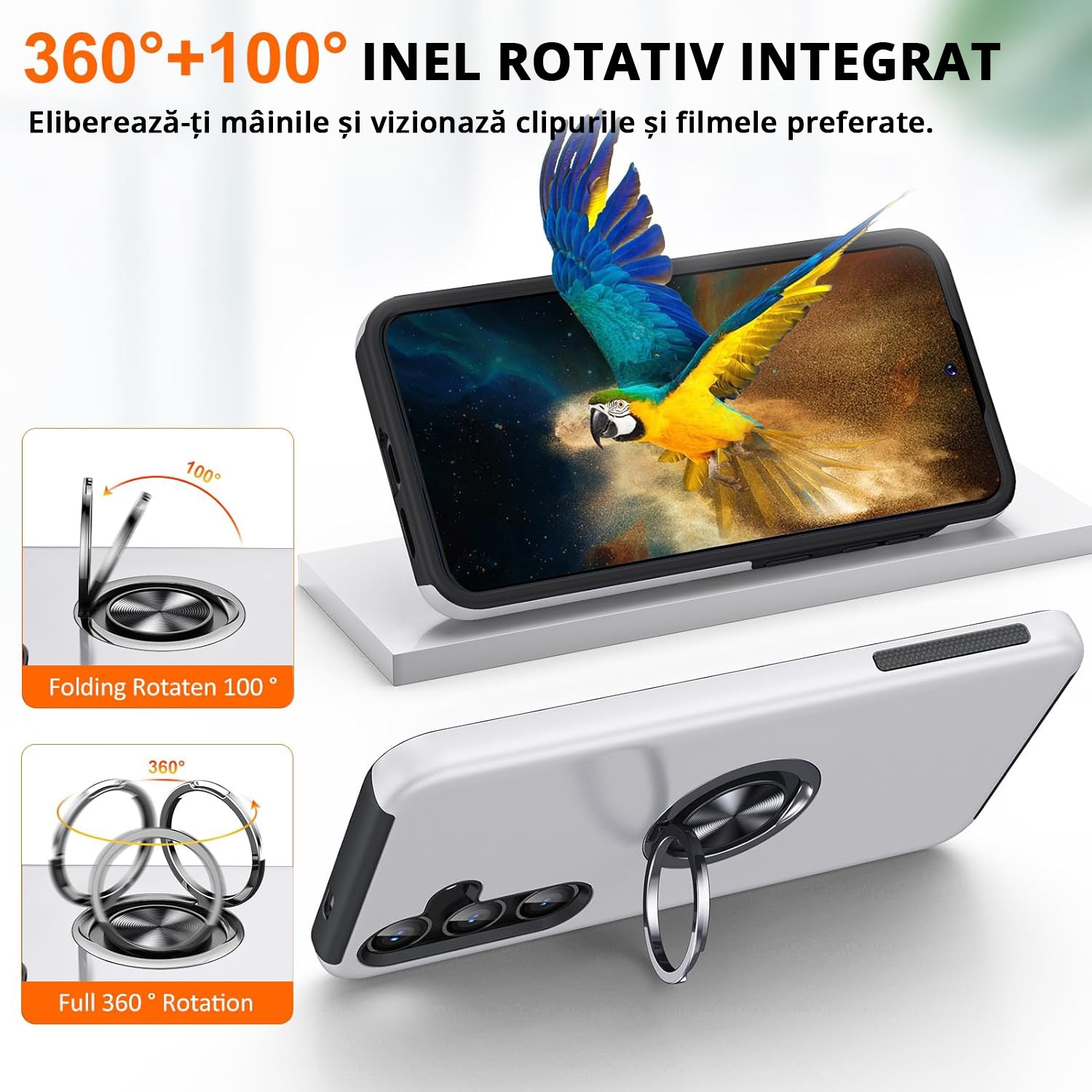 Husa pentru Samsung Galaxy S25, inel rotativ si Kickstand 360°, Protectie Militara Antisoc, cu disipare termica, Silver