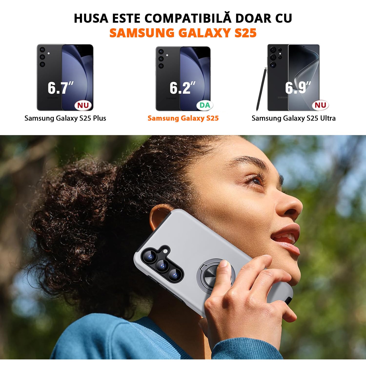 Husa pentru Samsung Galaxy S25, inel rotativ si Kickstand 360°, Protectie Militara Antisoc, cu disipare termica, Silver