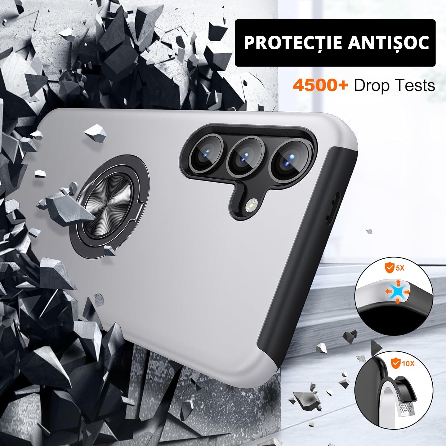 Husa pentru Samsung Galaxy S25, inel rotativ si Kickstand 360°, Protectie Militara Antisoc, cu disipare termica, Silver