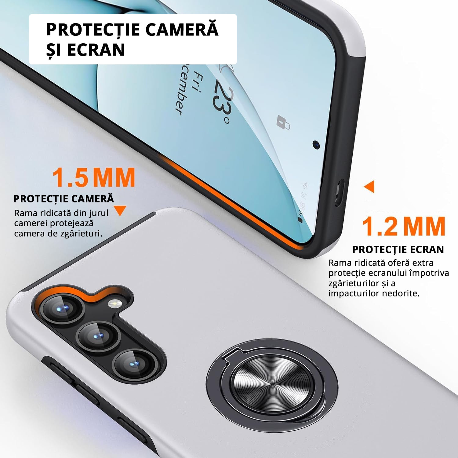 Husa pentru Samsung Galaxy S25, inel rotativ si Kickstand 360°, Protectie Militara Antisoc, cu disipare termica, Silver