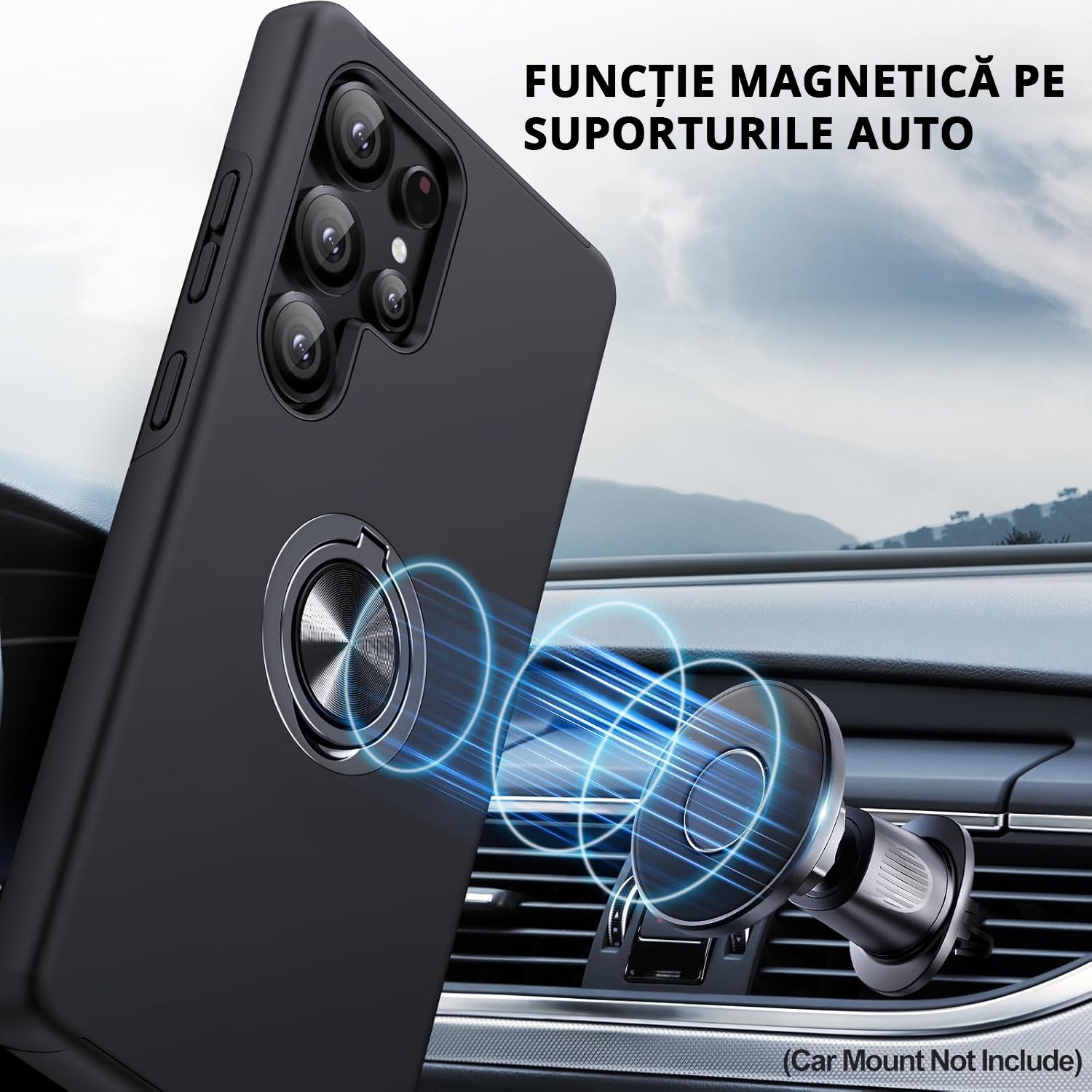 Husa MobileSmart pentru Samsung Galaxy S25 ULTRA, Inel Rotativ 360°, Protectie Militara Antisoc, Suport Auto Magnetic, Negru