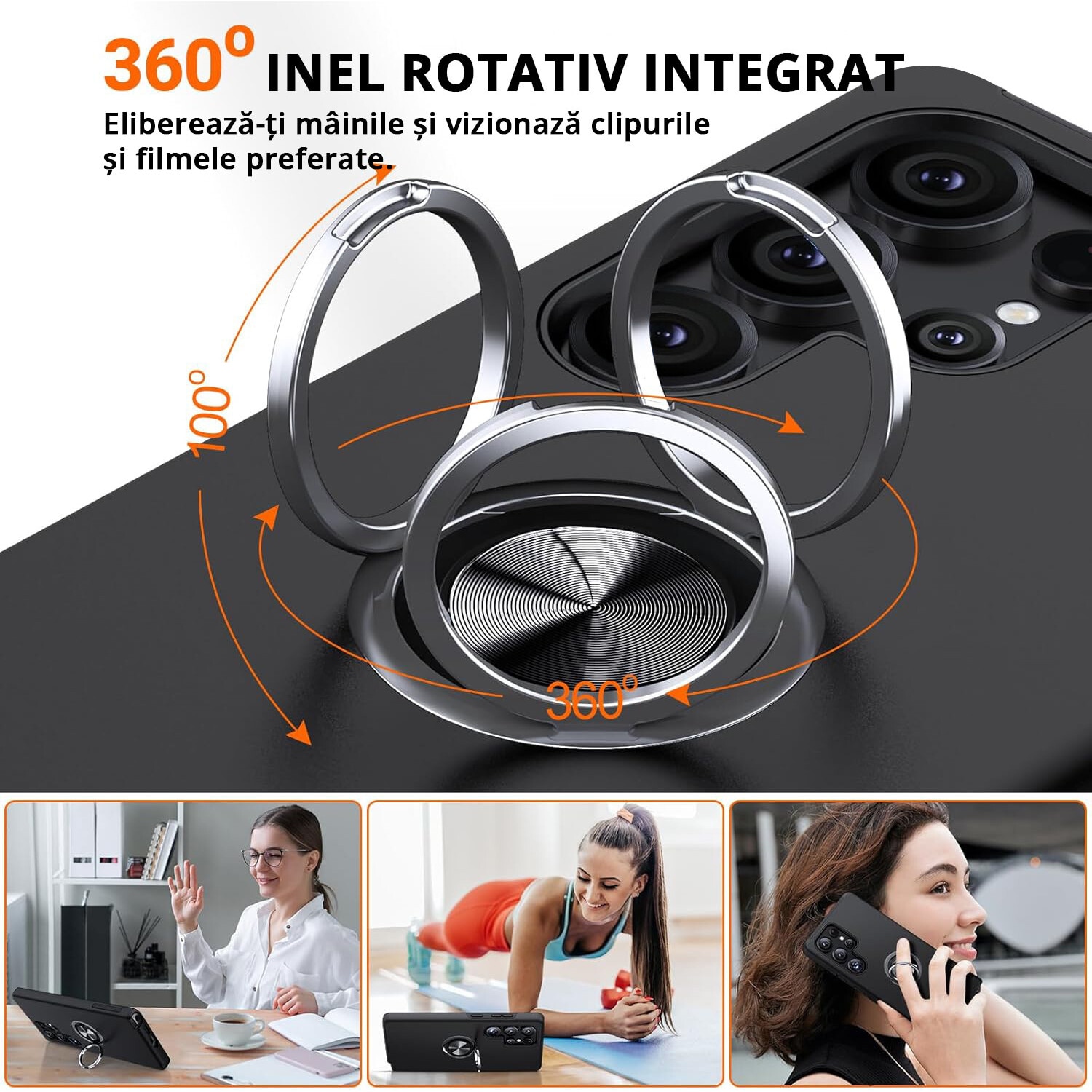 Husa MobileSmart pentru Samsung Galaxy S25 ULTRA, Inel Rotativ 360°, Protectie Militara Antisoc, Suport Auto Magnetic, Negru