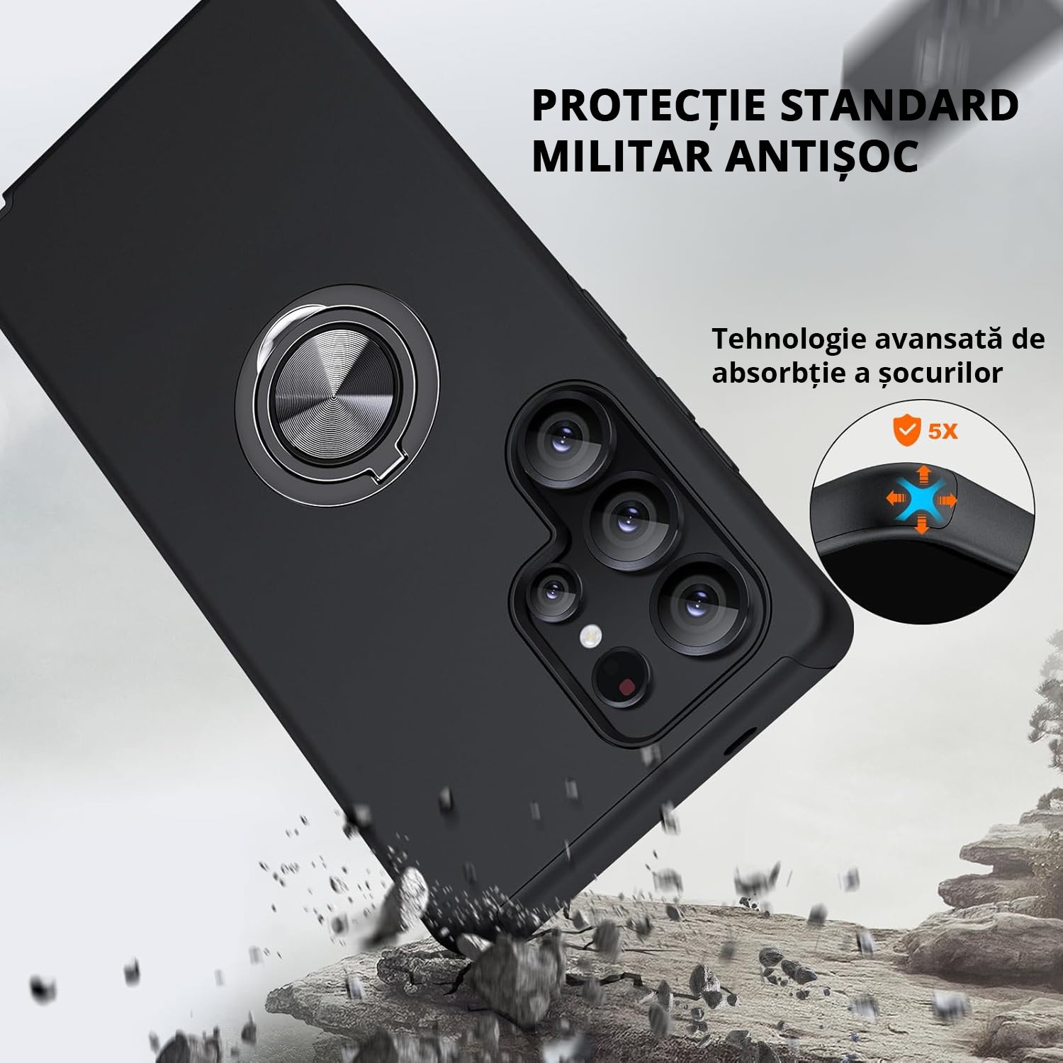 Husa MobileSmart pentru Samsung Galaxy S25 ULTRA, Inel Rotativ 360°, Protectie Militara Antisoc, Suport Auto Magnetic, Negru
