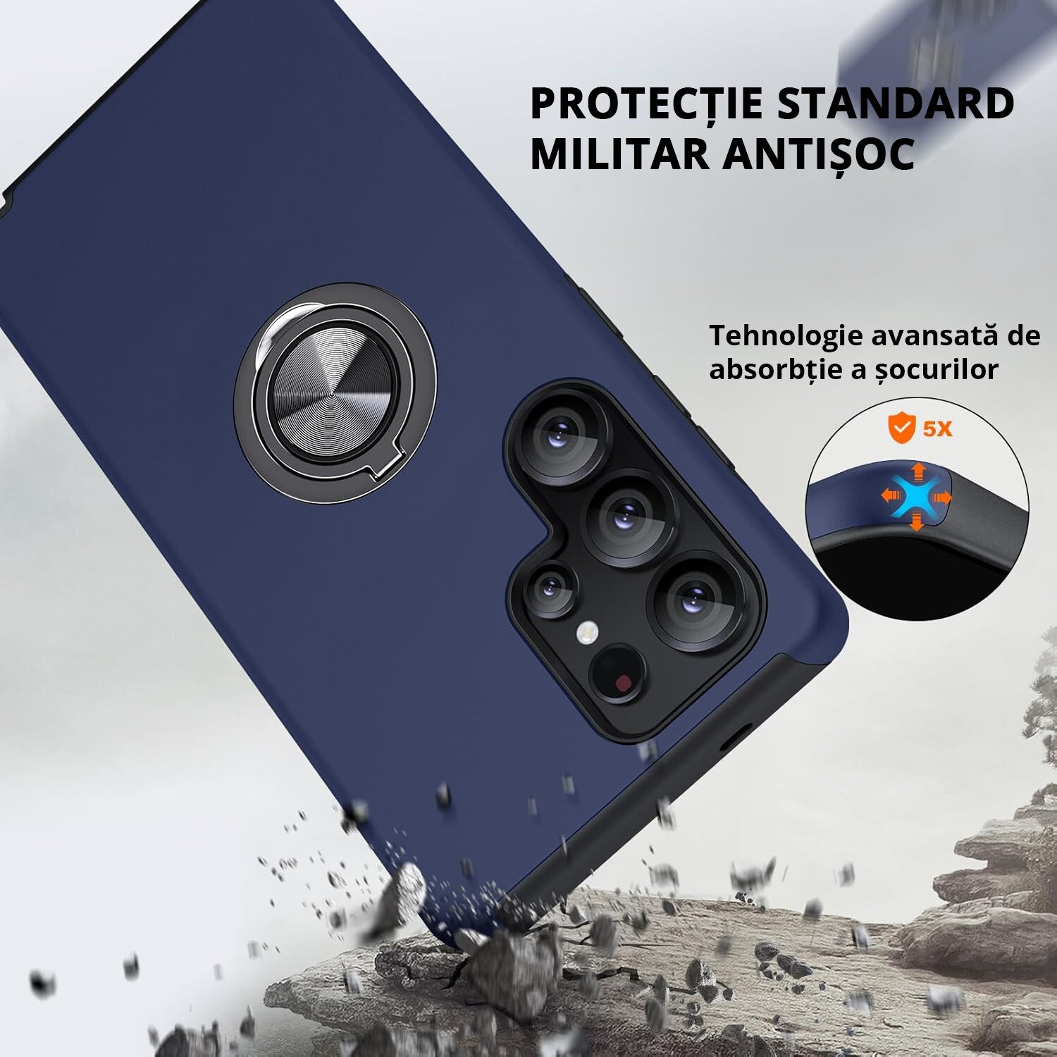 Husa pentru Samsung Galaxy S25 ULTRA, inel rotativ si Kickstand 360°, Protectie Militara Antisoc, cu disipare termica, Blue