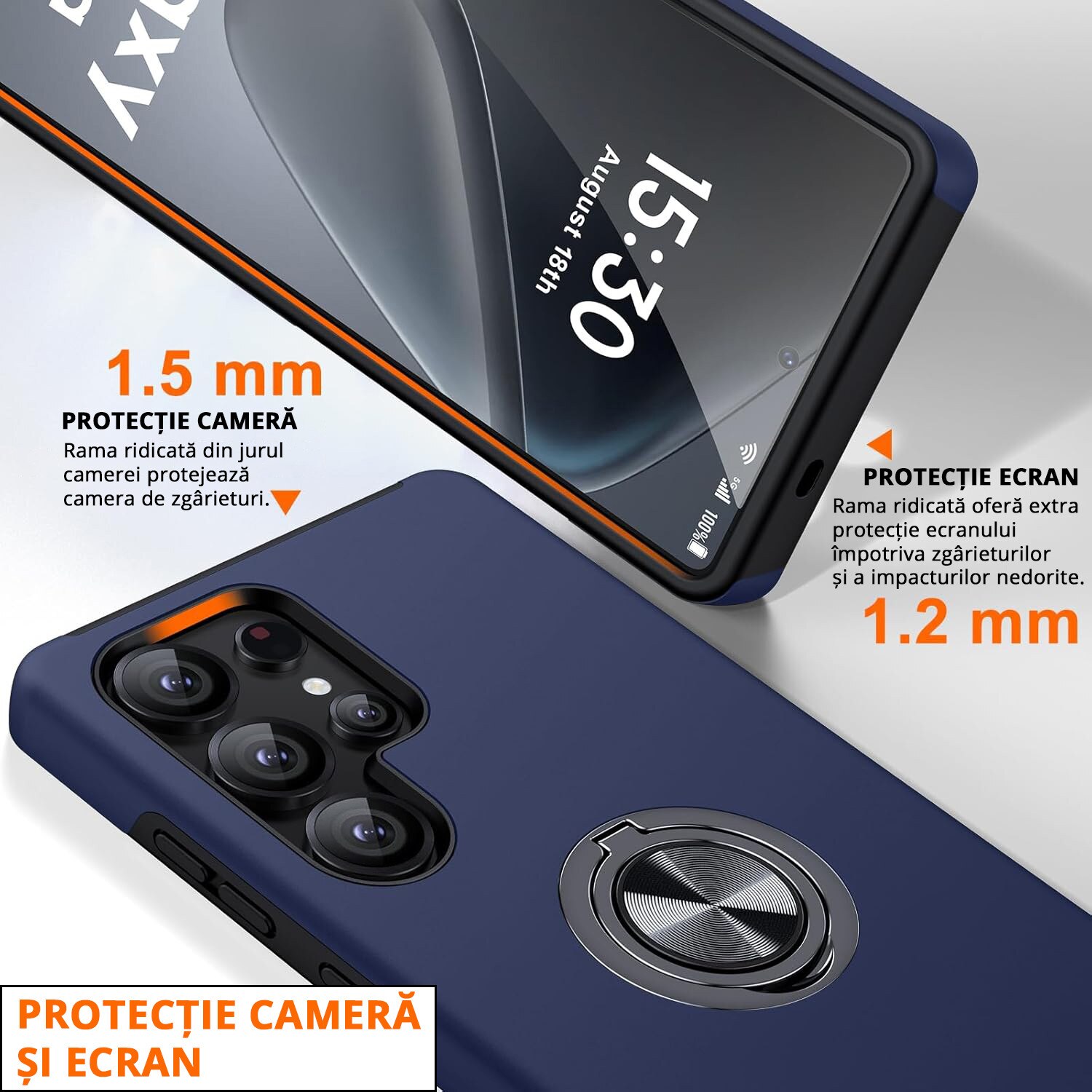 Husa pentru Samsung Galaxy S25 ULTRA, inel rotativ si Kickstand 360°, Protectie Militara Antisoc, cu disipare termica, Blue