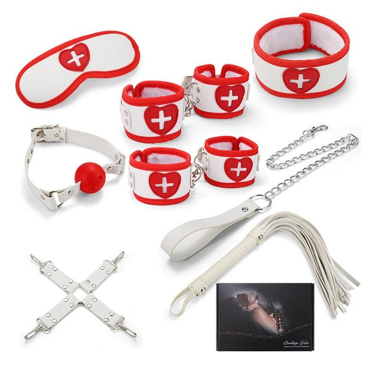 Set BDSM 8 piese pentru cupluri, ASDIIT, tema asistenta medicala, cu catuse, alb/rosu