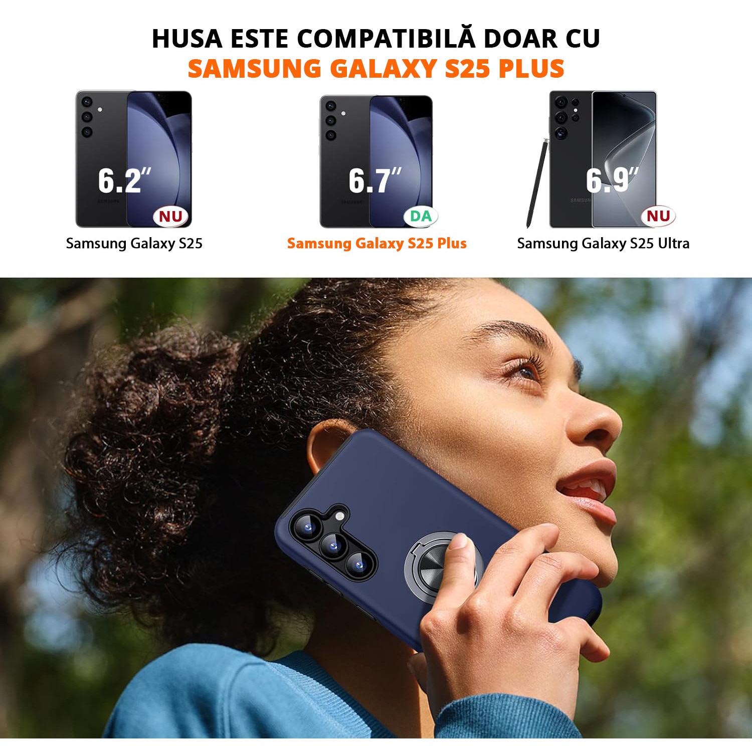 Husa pentru Samsung Galaxy S25 PLUS, inel rotativ si Kickstand 360°, Protectie Militara Antisoc, cu disipare termica, Blue