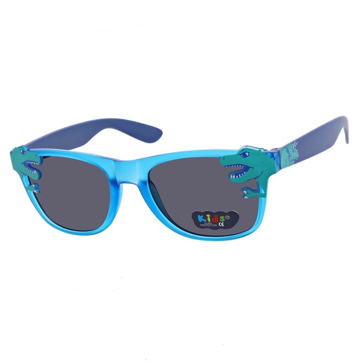 Ochelari de soare copii, Dinozaur, STKD-10A, filtr UV 400, set cu etui si stergator, albastru, 12.6x4.3cm