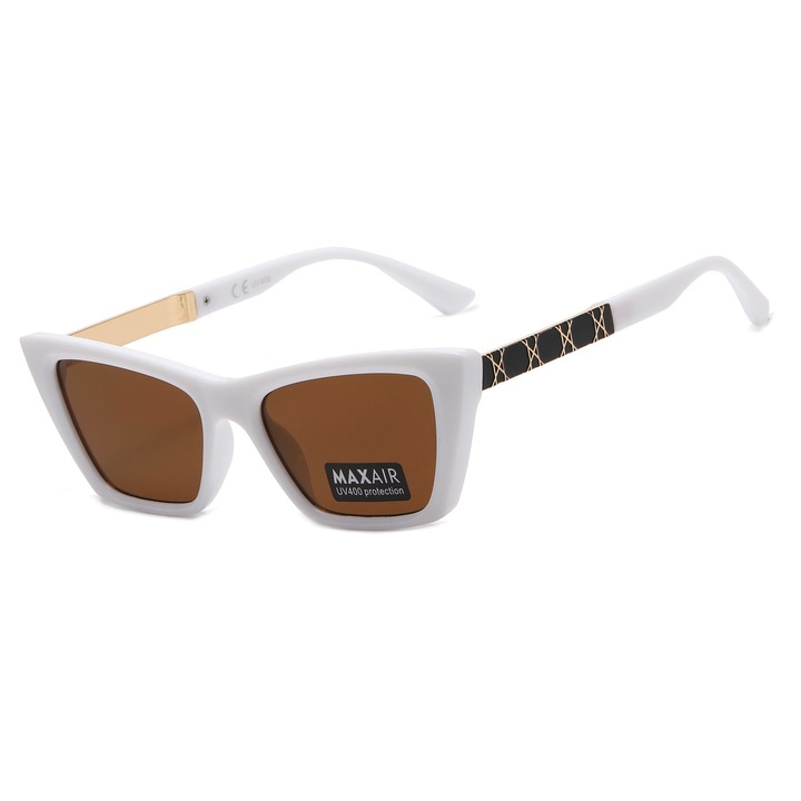 Ochelari de soare dama, MAXAIR, model ST-MAX10D, kocie ochi, alb, lentile maro, set cu etui si servetel