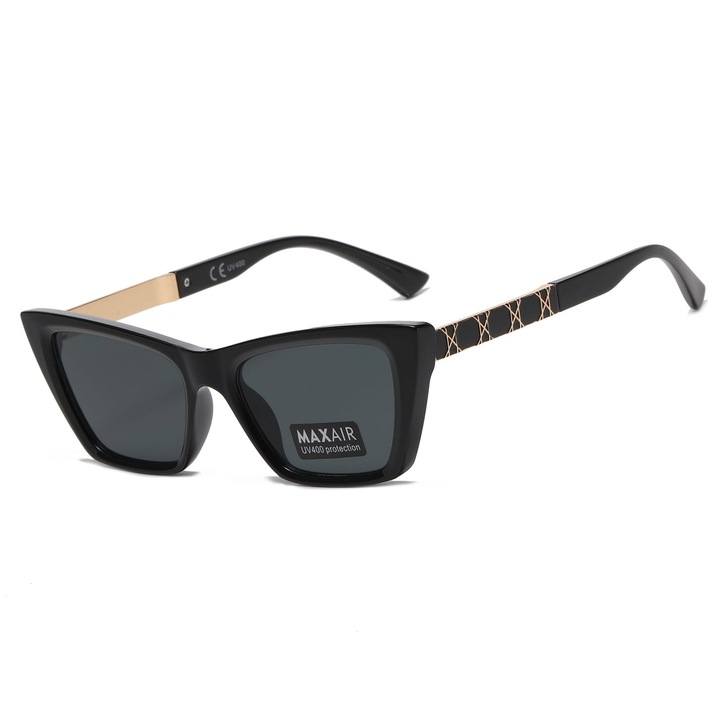 Ochelari de soare dama, MAXAIR, model ST-MAX10, kocie ochi, negru + auriu, set cu etui si servetel de curatare