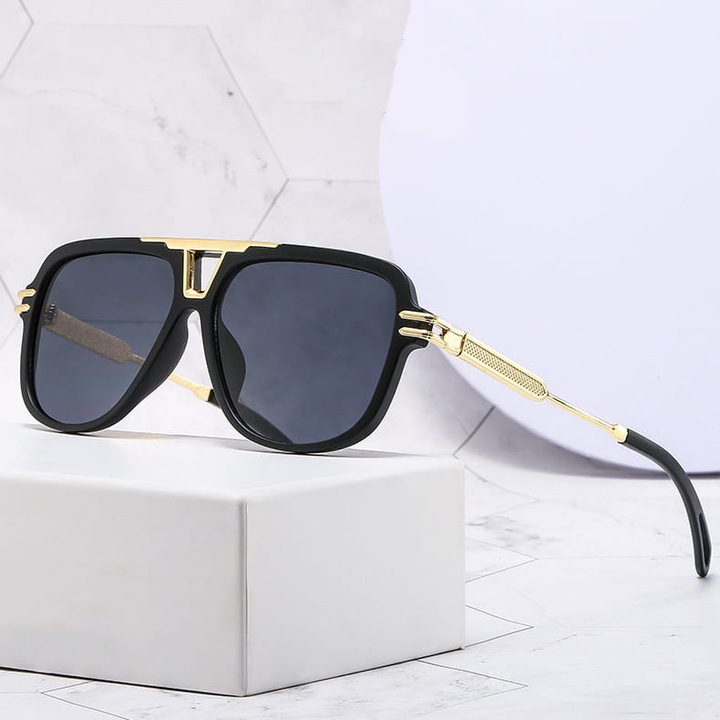 Мъжки слънчеви очила, пилот, Stylion, с UV400 филтър, черно/златни, комплект с калъф и чистачка