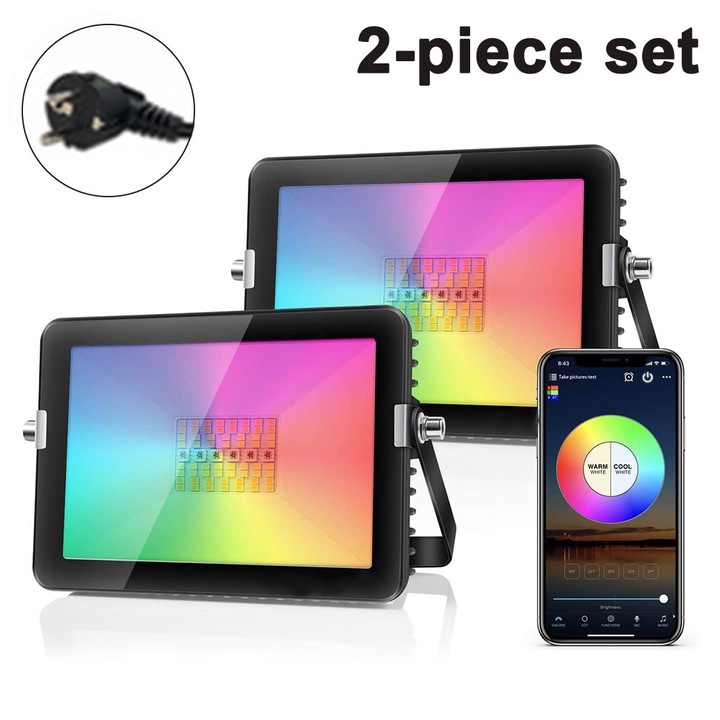 Proiector LED RGB ZYBLSSBB LSM2XH1530-2035904, 2 x 30W, smart Wi‑Fi compatibil Alexa/Google, 16 milioane culori, 2700–6500K, IP66, sincronizare muzica, unghi fascicul 120°, negru