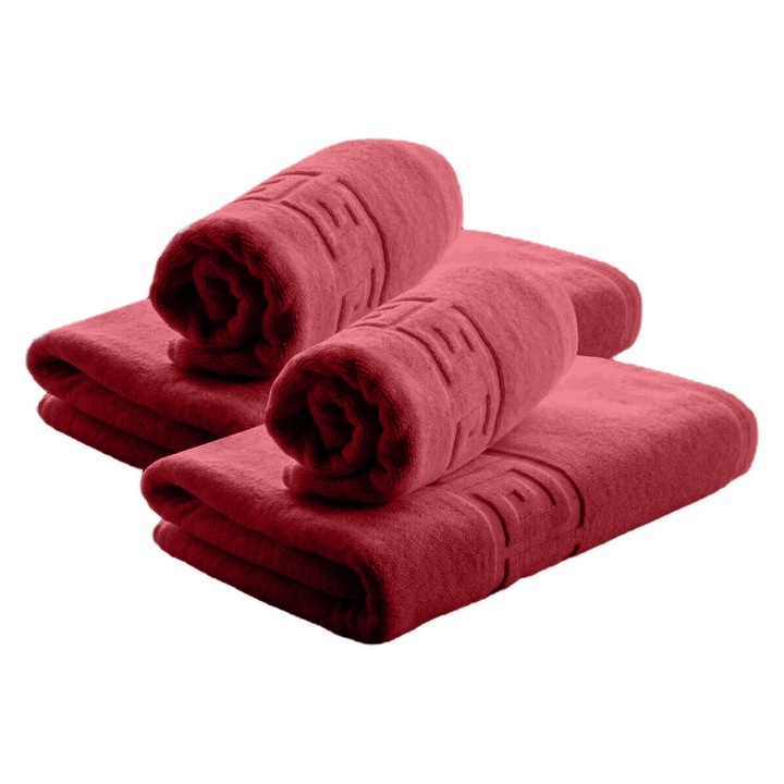 Set 4 prosoape baie 2 de corp 70x140 cm si 2 de fata 50x90 cm Bumbac 100%, Greek Border 500 grame/mp, Rosu Deschis
