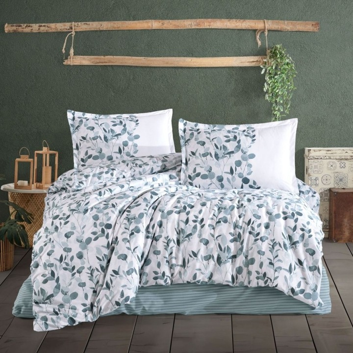 Dupla ágynemű zöld levelekkel, 100% pamut ranforce, 4 db, 240 x 260 cm, Lenzerii Deosebite, Putto