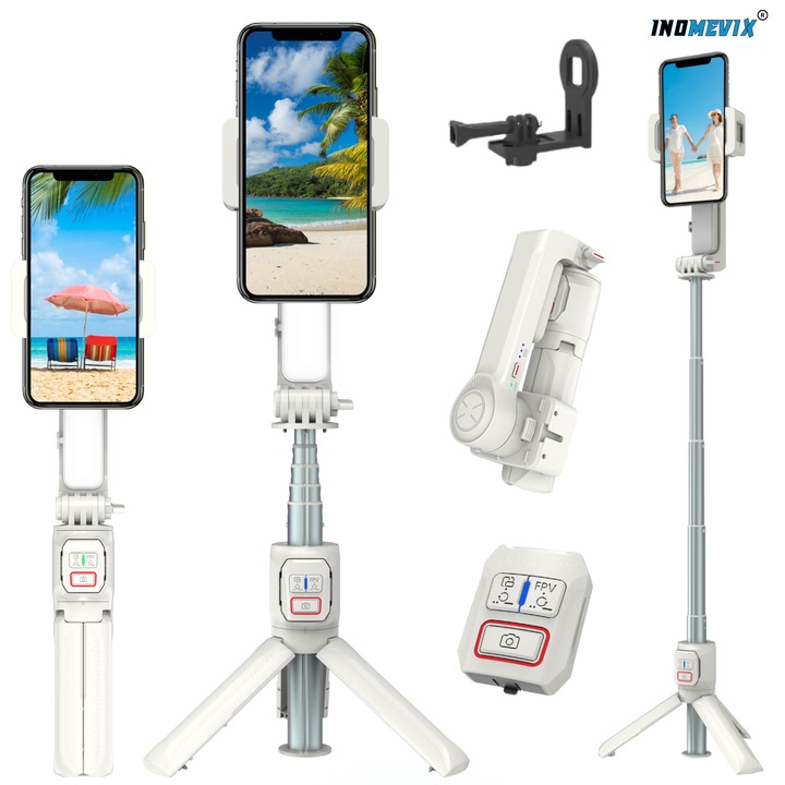 Телефон INOMEVIX® и GoPro стабилизатор, 39 cm разтегателен селфи стик, 2-осен кардан с подвижна LED светлина (9 режима), Bluetooth дистанционно управление, телескопичен статив за снимки, бързо зареждане Type-C, преносим за Vlogging, TikTok, YouTube