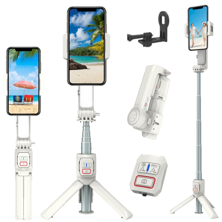 INOMEVIX® telefon és GoPro stabilizátor, 39 cm-es kihúzható szelfibot, 2 tengelyes karmantyú levehető LED-fénnyel (9 mód), Bluetooth távirányító, teleszkópos fotóállvány, C típusú gyorstöltés, hordozható vlogozáshoz, TikTok, YouTube