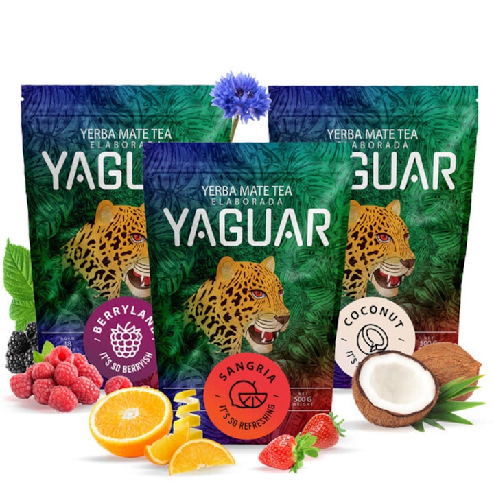 Комплект чай Йерба Мате, Yaguar Sangria, Coconut, Berryland, 3x500g, Бразилия, Бездимна, Сушена на въздух