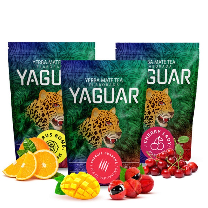 Ceai Yerba Mate Set, Yaguar Citrus Bomb, Cherry Lady, Guarana, 3x500g, Brazilia, Neamaruie, Uscat prin Aer