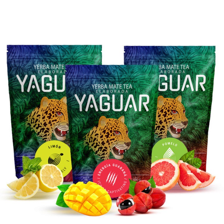 Ceai Yerba Mate Set, Yaguar Pomelo, Limon, Guarana, 3x500g, Brazilia, Neamaruie, Uscat prin Aer