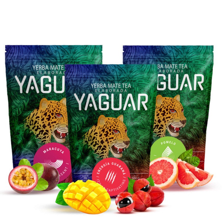 Yerba Mate Tea Készlet, Yaguar Maracuja, Pomelo, Guarana, 3x500g, Brazília, Enyhe, Levegőn Szárított
