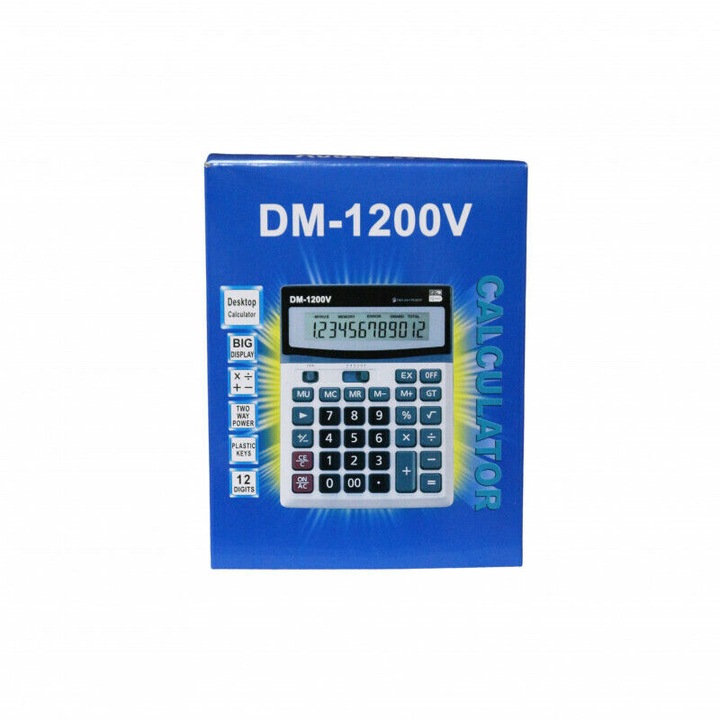 Calculator de birou Asteroid Gsm, 12 cifre, alimentare duala(solar/baterie), taste din plastic, display mare, design ergonomic, DM-1200V, Multicolor