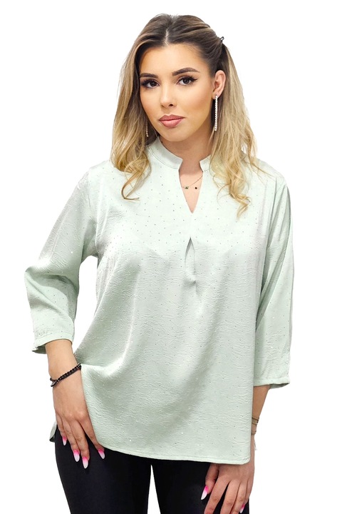 Camasa creponata Yolanda, cu guler tunica si croi artizanal, Verde pastel