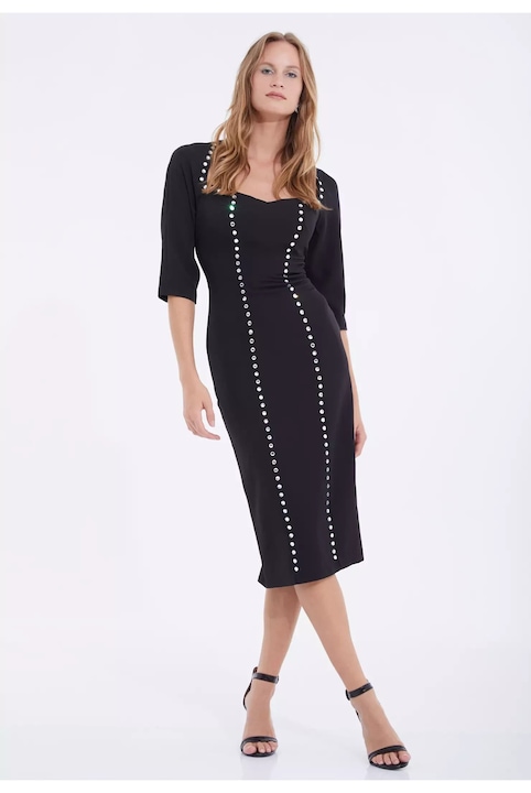 Rochie eleganta de ocazie neagra midi cu manaca, Negru