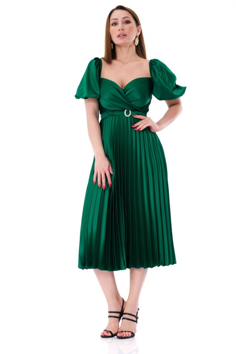 Rochie eleganta plisata midi din satin verde cu maneca scurta Adelina, Verde