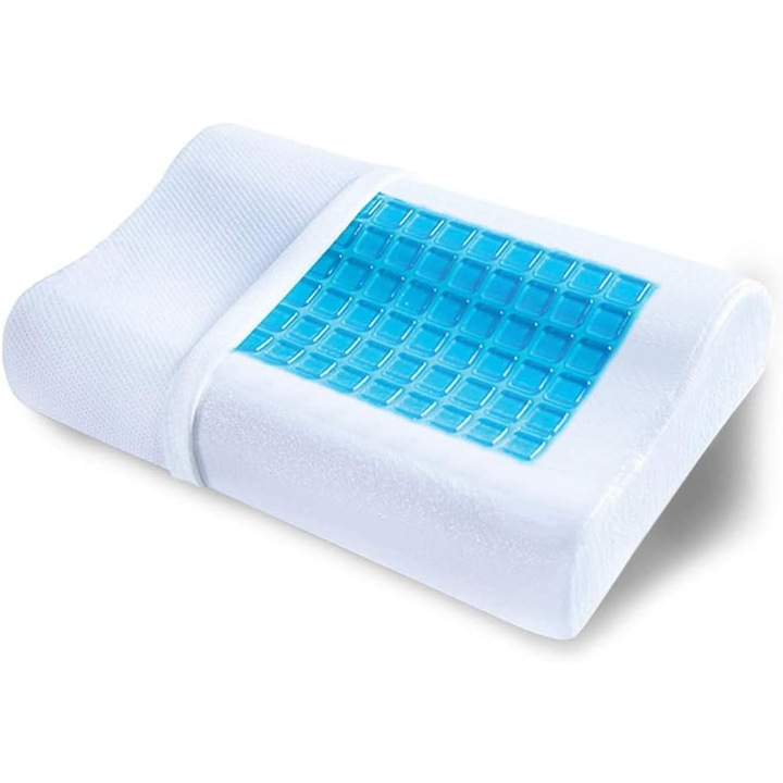 Perna ortopedica cu spuma cu memorie si gel racoritor, husa lavabila, suport ergonomic pentru cap si gat, reduce durerile cervicale, sporeste confortul in somn, 54 x 34 x 10 cm