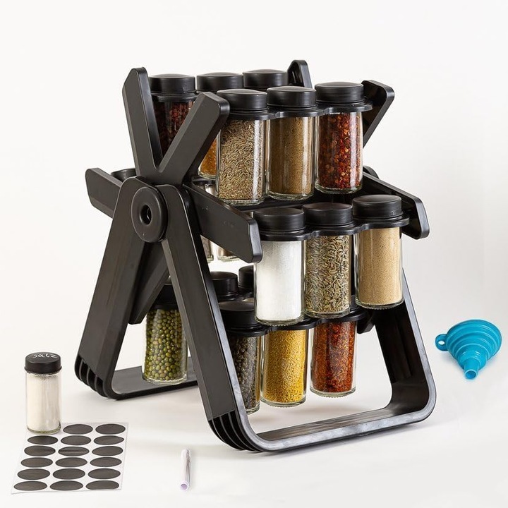 Suport rotativ pentru condimente 360° cu 18 borcane, etichete si palnie pliabila – organizator de condimente pentru bucatarie