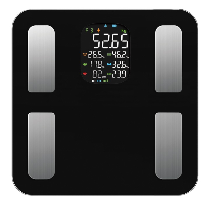 Кантар за телесно тегло OROMED, модел Bluetooth H Smart, анализ на състава на тялото, черен, захранва се с батерии AAA или вграден акумулатор
