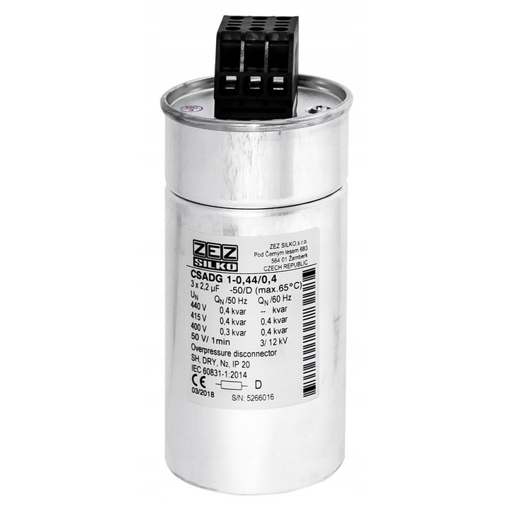 Nan kondenzátor, ZEZ-Silko, 0,4 kvar, 440 V Cn = 3x2,19 µF, In = 3x0,53 A