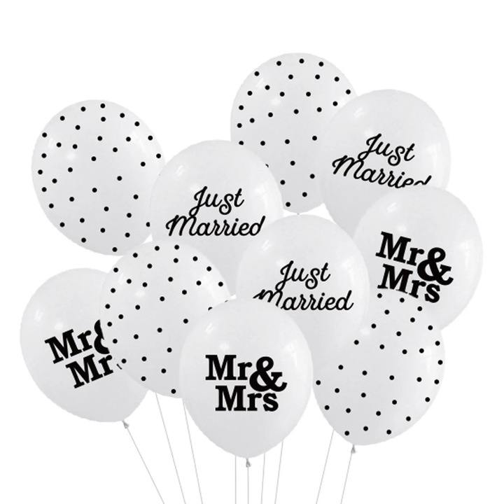 Бели балони за сватбено тържество с надпис "Mr & MrsJust Married" и точки 30 см - 10 бр.