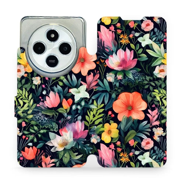 Mobiwear flip tok Xiaomi Redmi 14C / Poco C75-höz, virág dizájn, sokszínű, környezetbarát anyag